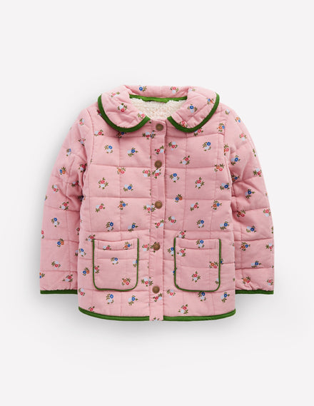 Jolie veste à col en velours côtelé-Motif petites fleurs rose vintage