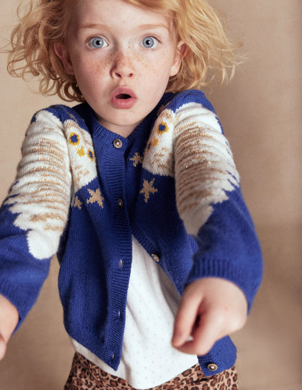 Strickjacke mit lustigem Motiv-Saphirblaue Eulen