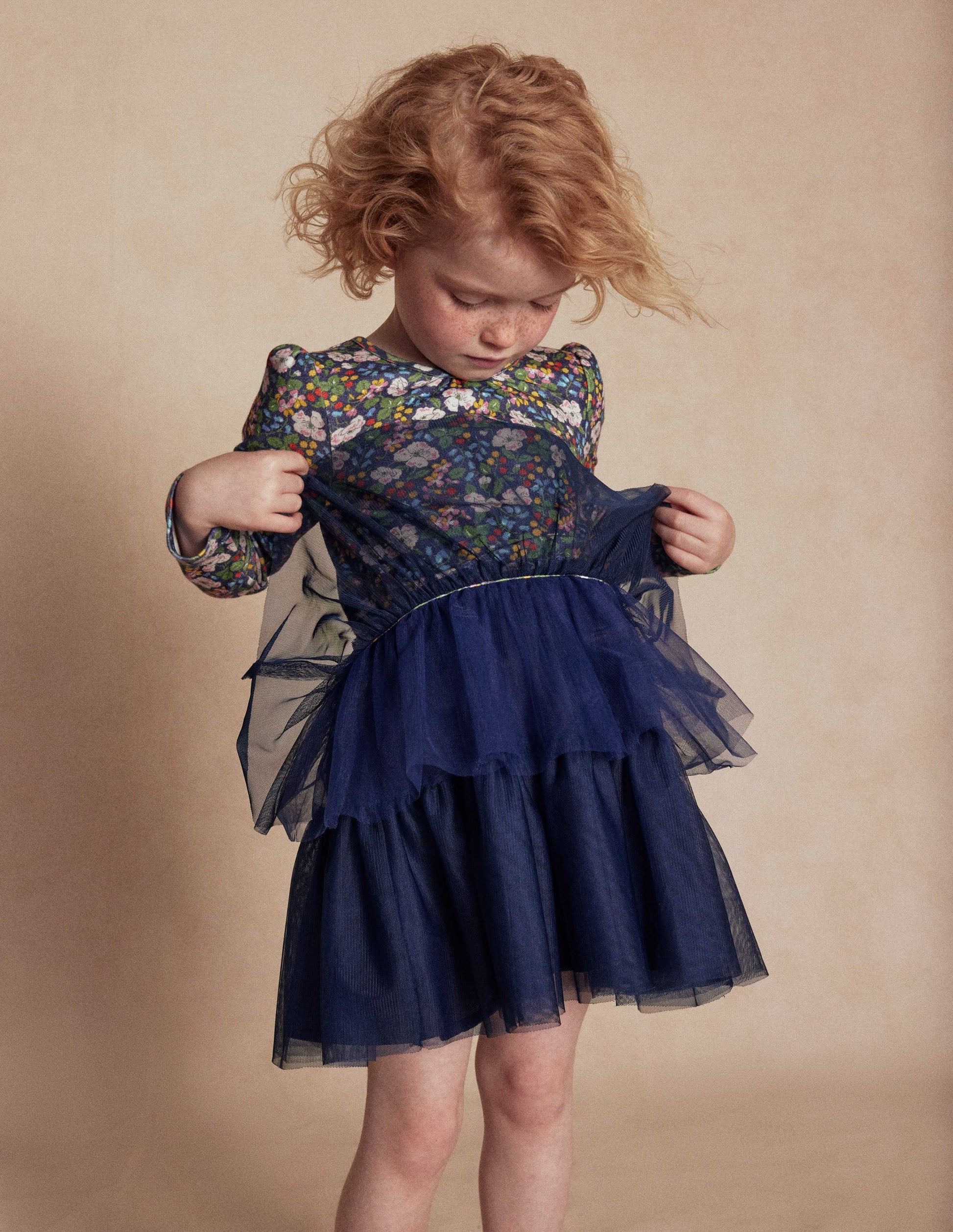 Robe en tulle mélangé-Motif floral baies bleu tribord-1