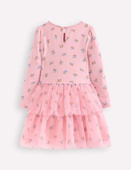 Robe en tulle mélangé-Motif petites fleurs rose vintage
