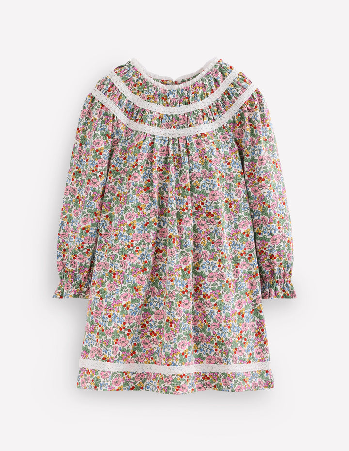 Hübsches Jerseykleid mit Spitzenbesatz-Weiches Naturweiß Beere Blumenmuster