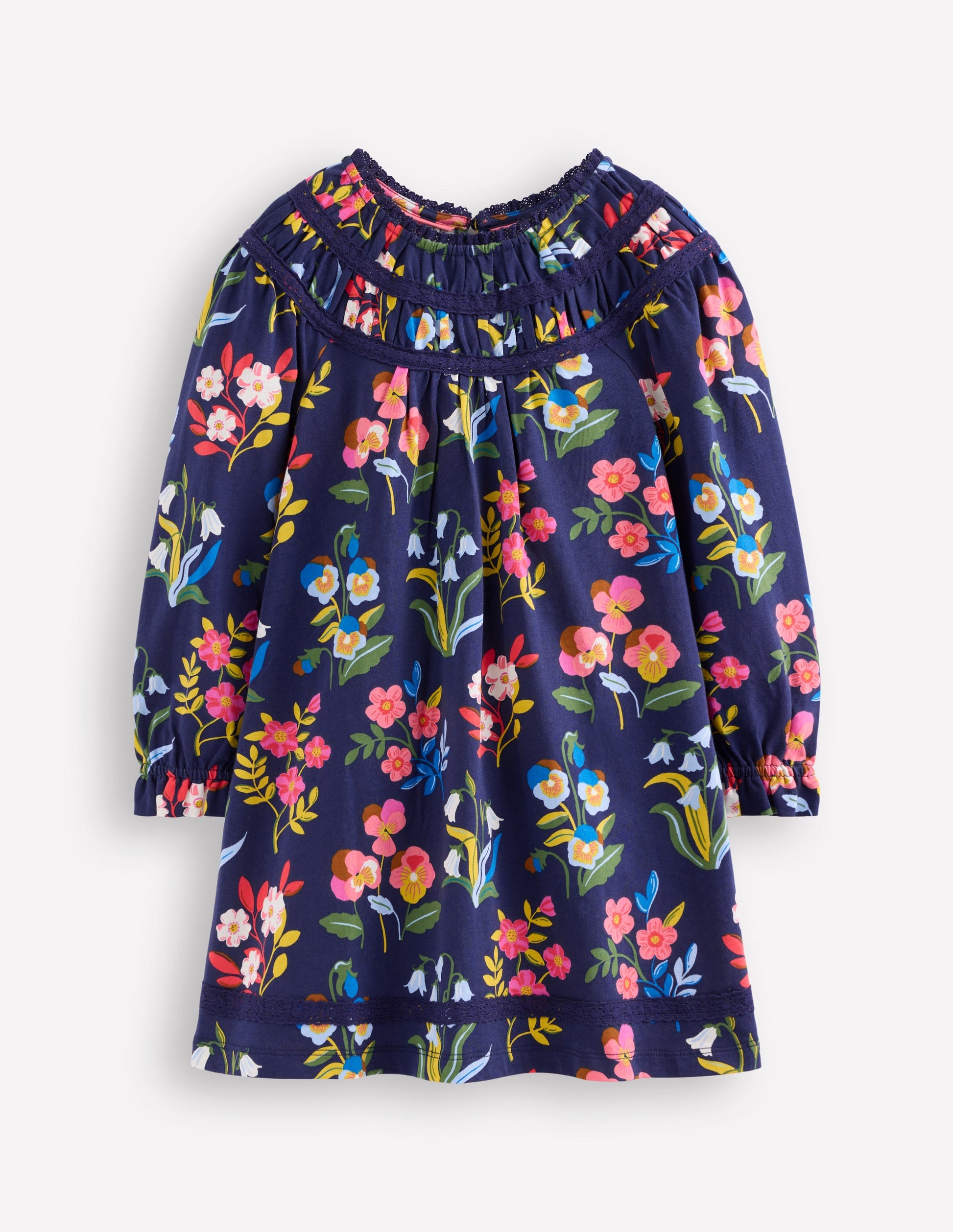 Hübsches Jerseykleid mit Spitzenbesatz-Schuluniform-Marineblau Stiefmütterchen-Beet-1