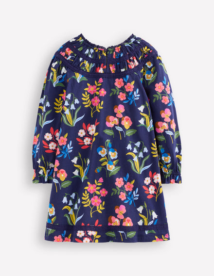 Hübsches Jerseykleid mit Spitzenbesatz-Schuluniform-Marineblau Stiefmütterchen-Beet