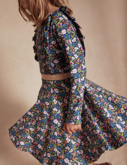 Robe tournoyante Cora en jersey-Motif floral baies bleu tribord
