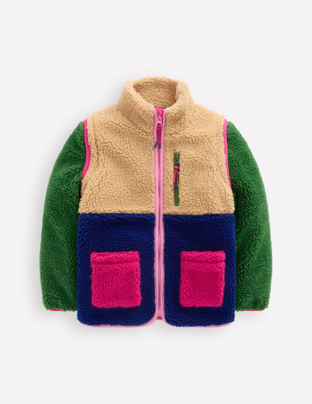 2-in-1-Teddyfell-Jacke-Blockfarben, Bunt