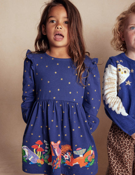 Jersey-Kleid mit Applikation-Schuluniform-Navy, Tiere
