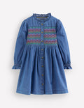 Suki Langärmeliges, gesmoktes Kleid-Mittlere Mischung Denim