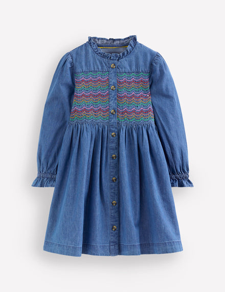Robe smockée à manches longues Suki en velours côtelé-Denim vintage moyen