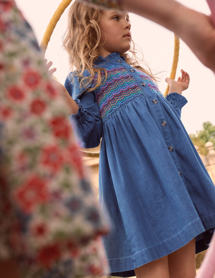 Robe smockée à manches longues Suki en velours côtelé-Denim vintage moyen