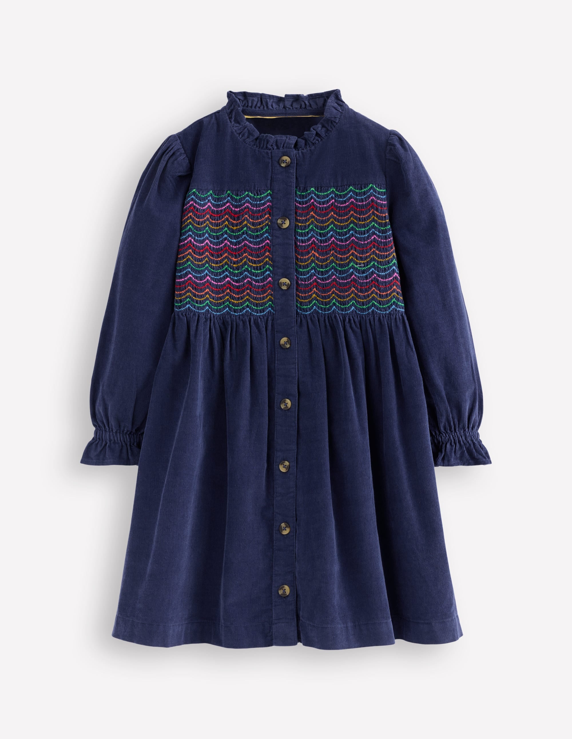 Robe smockée à manches longues Suki en velours côtelé-Bleu marine universitaire - Image 1