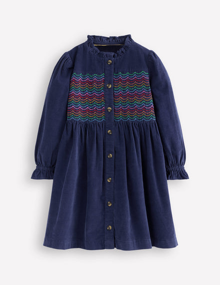 Suki Langärmeliges, gesmoktes Kleid-Schuluniform-Marineblau
