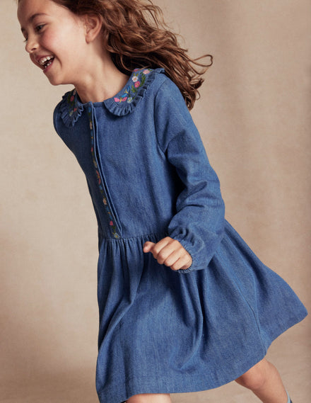 Robe en jean à col brodé-Denim vintage moyen