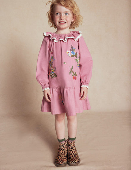 Gewebtes Kleid mit Spitzenbesatz-Zuckerwattenrosa Feen