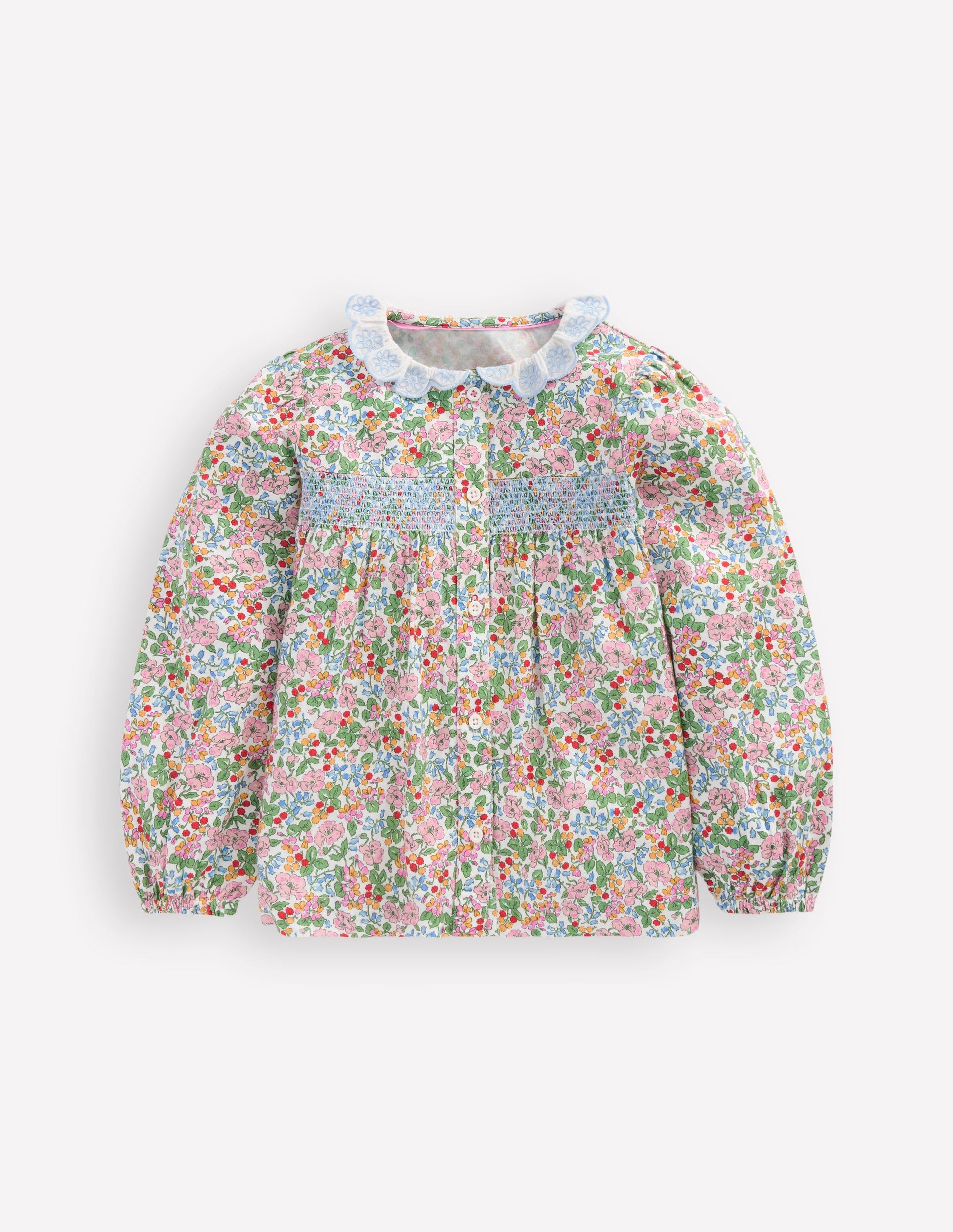 Gesmoktes Hemd mit Muschelsaum am Kragen-Weiches Naturweiß Beere Blumenmuster-1