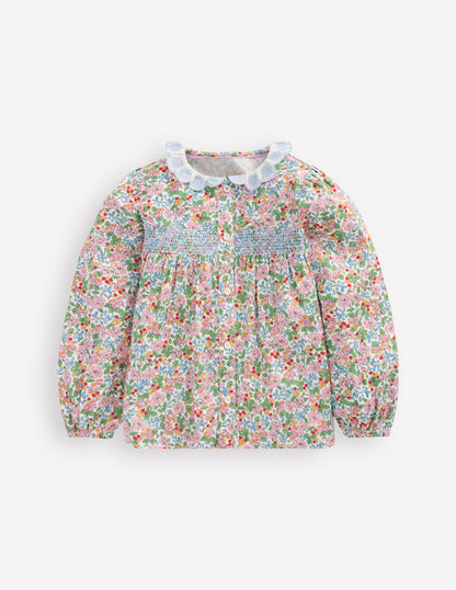 Gesmoktes Hemd mit Muschelsaum am Kragen-Weiches Naturweiß Beere Blumenmuster-1