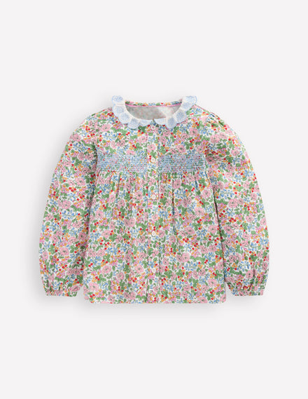 Gesmoktes Hemd mit Muschelsaum am Kragen-Weiches Naturweiß Beere Blumenmuster