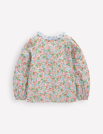 Gesmoktes Hemd mit Muschelsaum am Kragen-Weiches Naturweiß Beere Blumenmuster-2