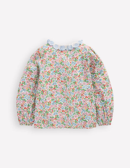 Gesmoktes Hemd mit Muschelsaum am Kragen-Weiches Naturweiß Beere Blumenmuster