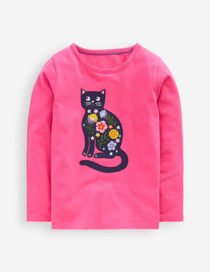 Long Sleeve Appliqué T-shirt-Sorbet Pink Cat
