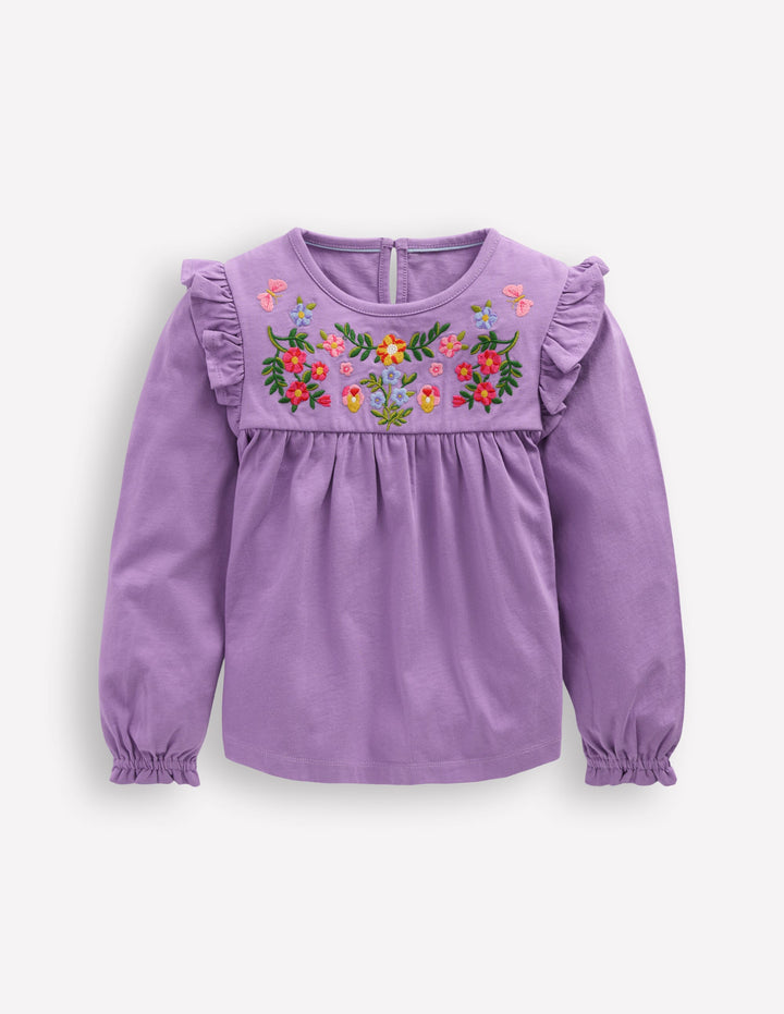 Top en jersey avec empiècement brodé-Broderie violet aster