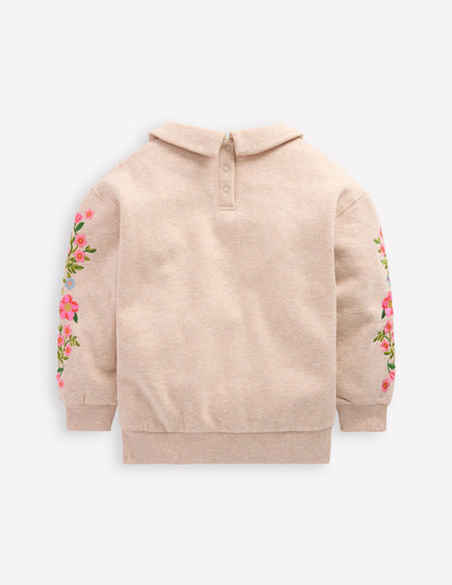 Besticktes Sweatshirt-Haferbeige meliert Stickerei-2