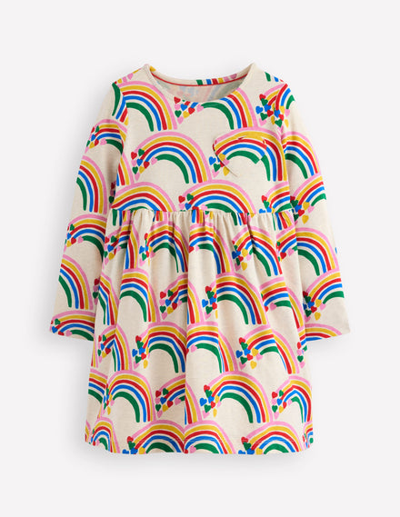Lustiges Jerseykleid mit Herztasche-Haferbeige Meliert Regenbogenherzen
