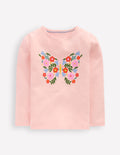 Langarmshirt mit Puffärmeln und Applikation-Kreiderosa Schmetterling
