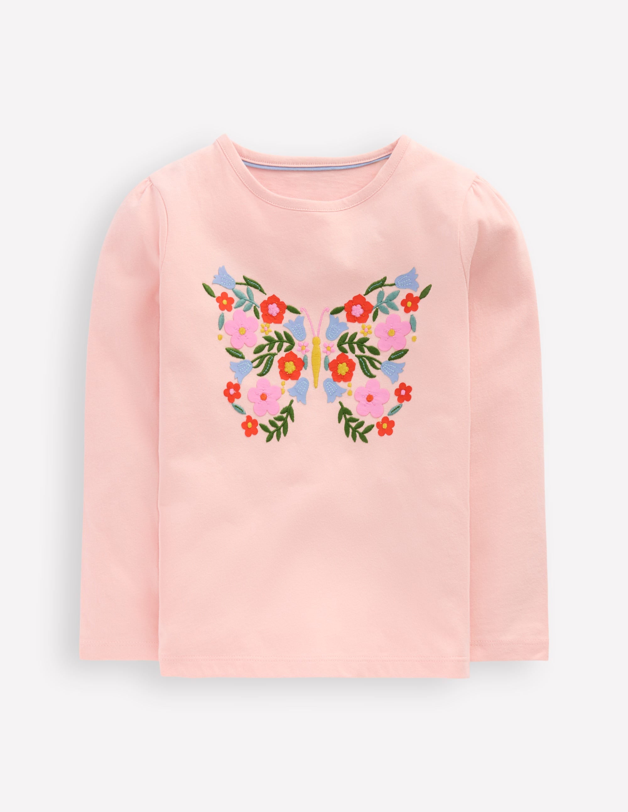 Langarmshirt mit Puffärmeln und Applikation-Kreiderosa Schmetterling - Image 1