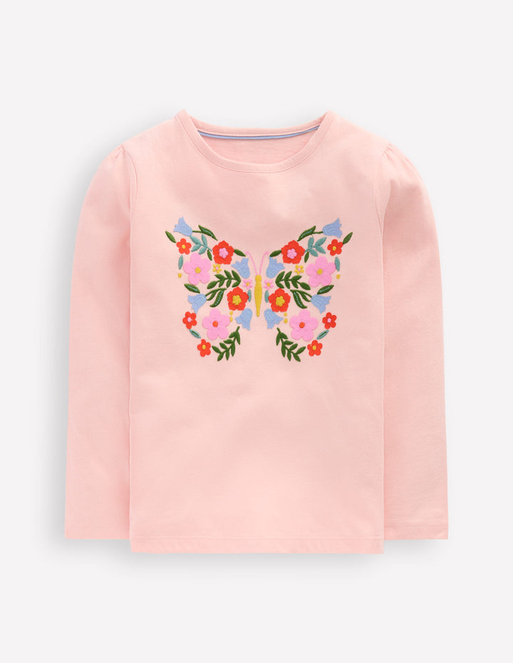 Langarmshirt mit Puffärmeln und Applikation-Kreiderosa Schmetterling