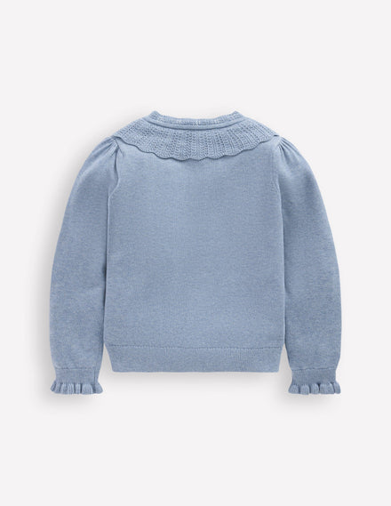 Hübsche Strickjacke mit Rüschen-Gletscherblau Meliert