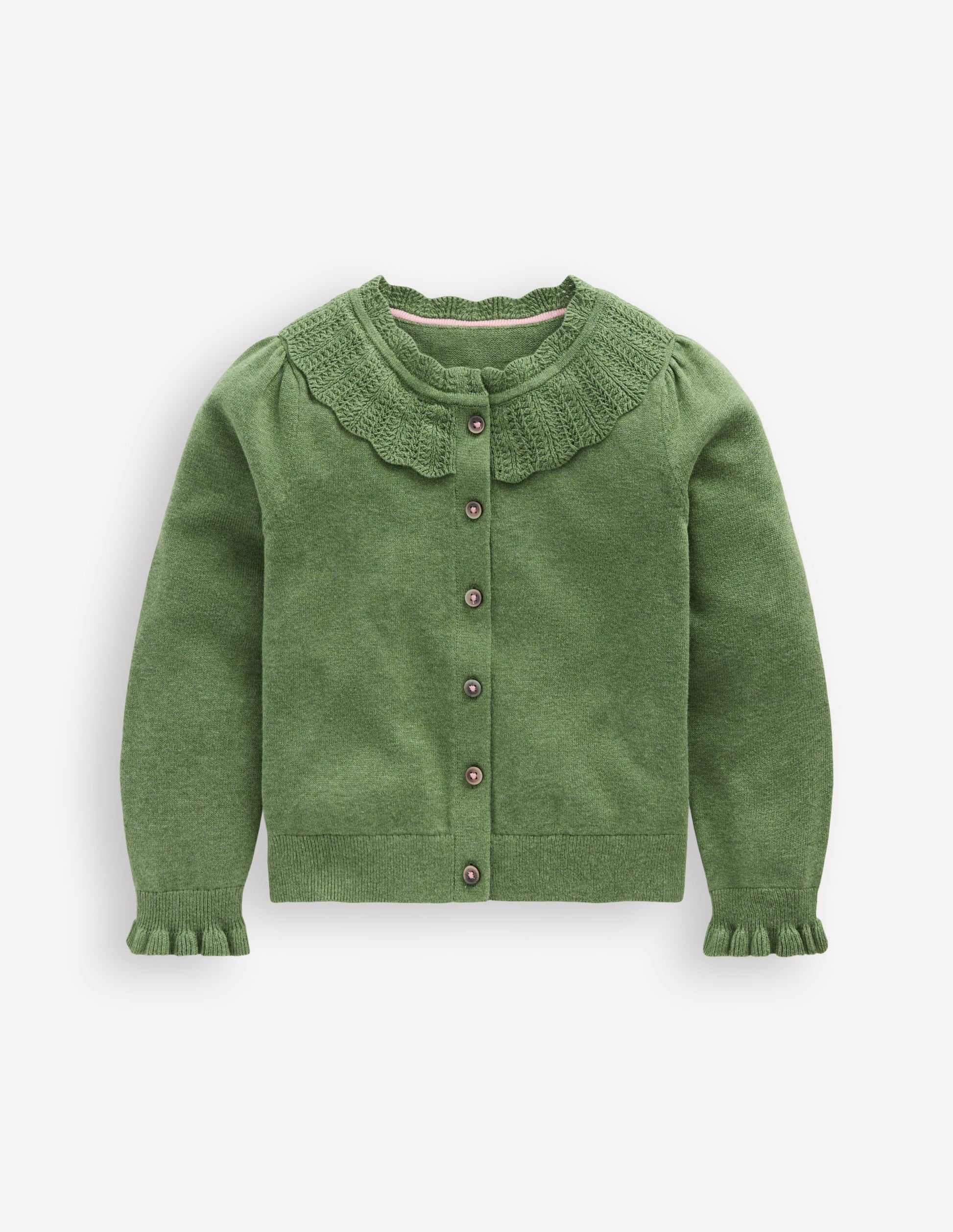 Hübsche Strickjacke mit Rüschen-Safarigrün Meliert-1