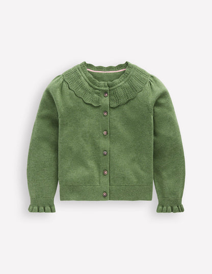 Hübsche Strickjacke mit Rüschen-Safarigrün Meliert-1