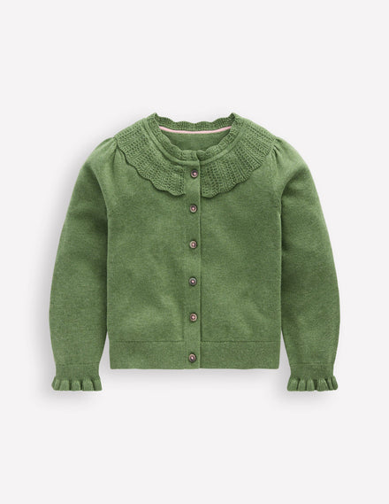 Hübsche Strickjacke mit Rüschen-Safarigrün Meliert