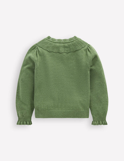 Hübsche Strickjacke mit Rüschen-Safarigrün Meliert-2