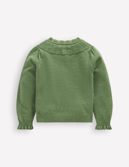 Hübsche Strickjacke mit Rüschen-Safarigrün Meliert