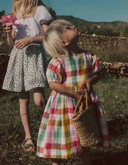 Doppeltuch-Kleid mit Puffärmeln-Bunt Karomuster