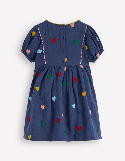 Doppeltuch-Kleid mit Puffärmeln-Steuerbordblau Herzen