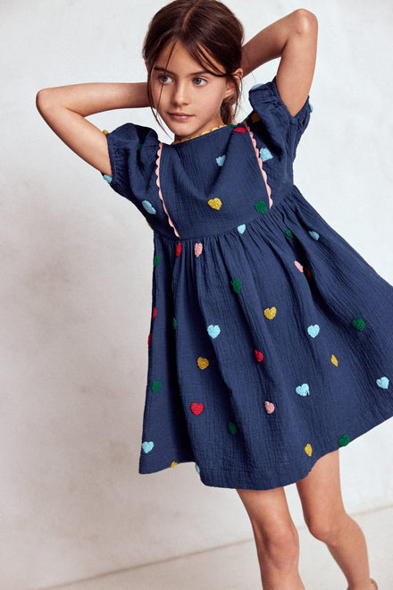 Doppeltuch-Kleid mit Puffärmeln-Steuerbordblau Herzen