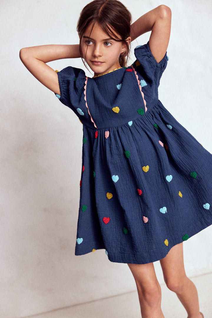 Puff Sleeve Double Cloth Dress-Starboard Blue Hearts
