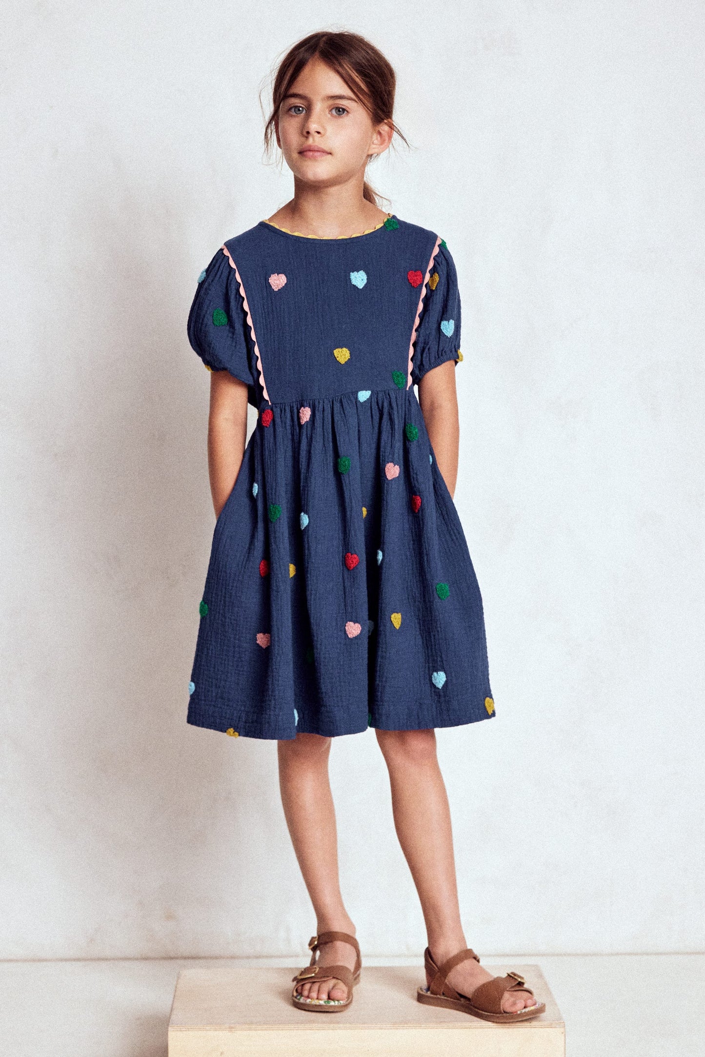 Doppeltuch-Kleid mit Puffärmeln-Steuerbordblau Herzen