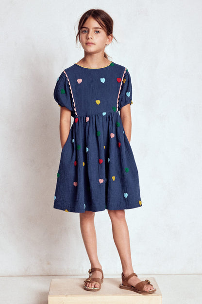 Doppeltuch-Kleid mit Puffärmeln-Steuerbordblau Herzen