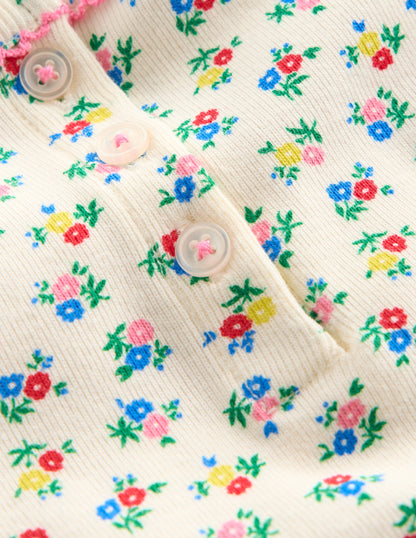 Eng anliegender Henley-Schlafanzug-Sanftes Naturweiß Frühling Kleines Blumenmuster-3