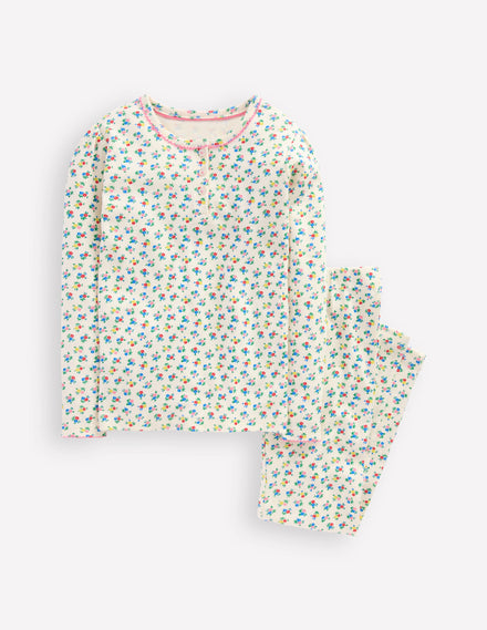 Eng anliegender Henley-Schlafanzug-Sanftes Naturweiß Frühling Kleines Blumenmuster