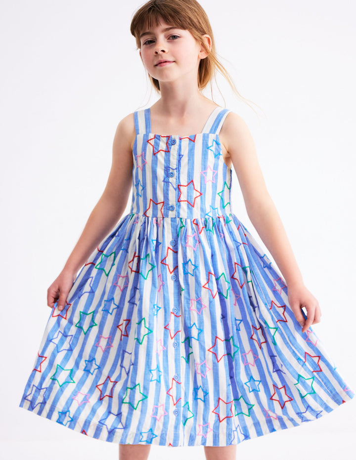 Remy Kleid mit durchgehender Knopfleiste-Pfauenfederblau Stern