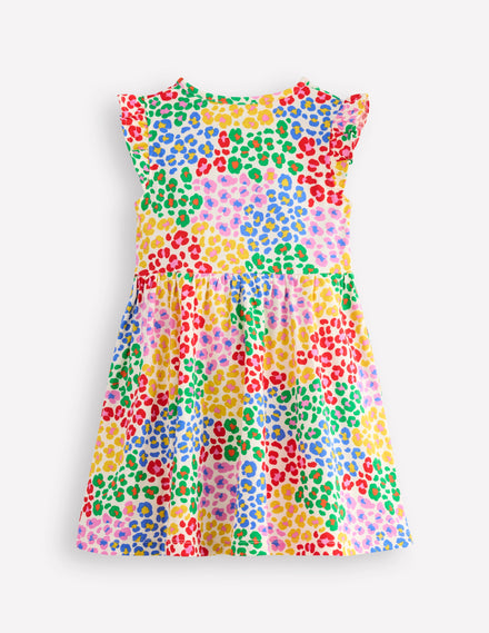 Posie Kleid mit Rüschenärmeln-Bunt, Regenbogenfarbenes Leopardenmuster
