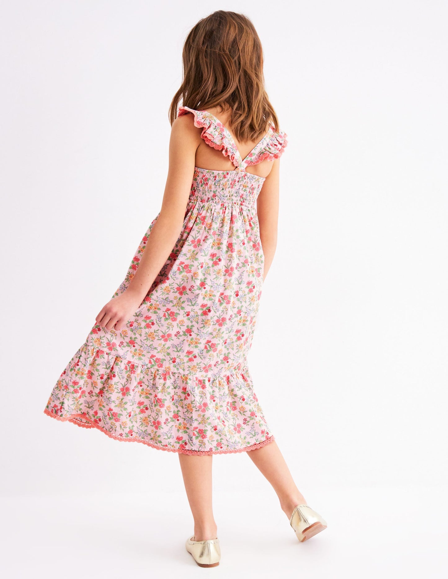 Luella Maxi-Sommerkleid mit Rüschen-Kreiderosa Garten-Blümchen