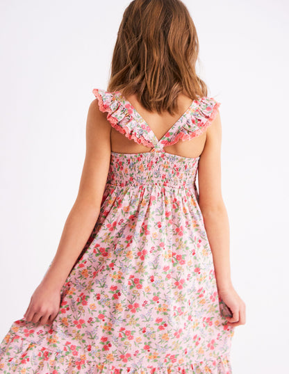 Luella Maxi-Sommerkleid mit Rüschen-Kreiderosa Garten-Blümchen