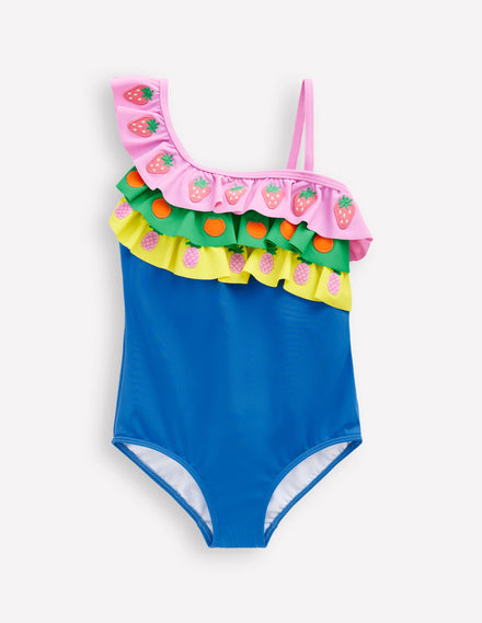 Lila Badeanzug mit einem Träger-Bunt, Früchte