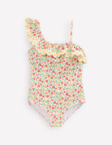 Lila Badeanzug mit einem Träger-Bunt Sommer Blumenbeet