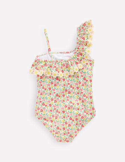 Lila Badeanzug mit einem Träger-Bunt Sommer Blumenbeet